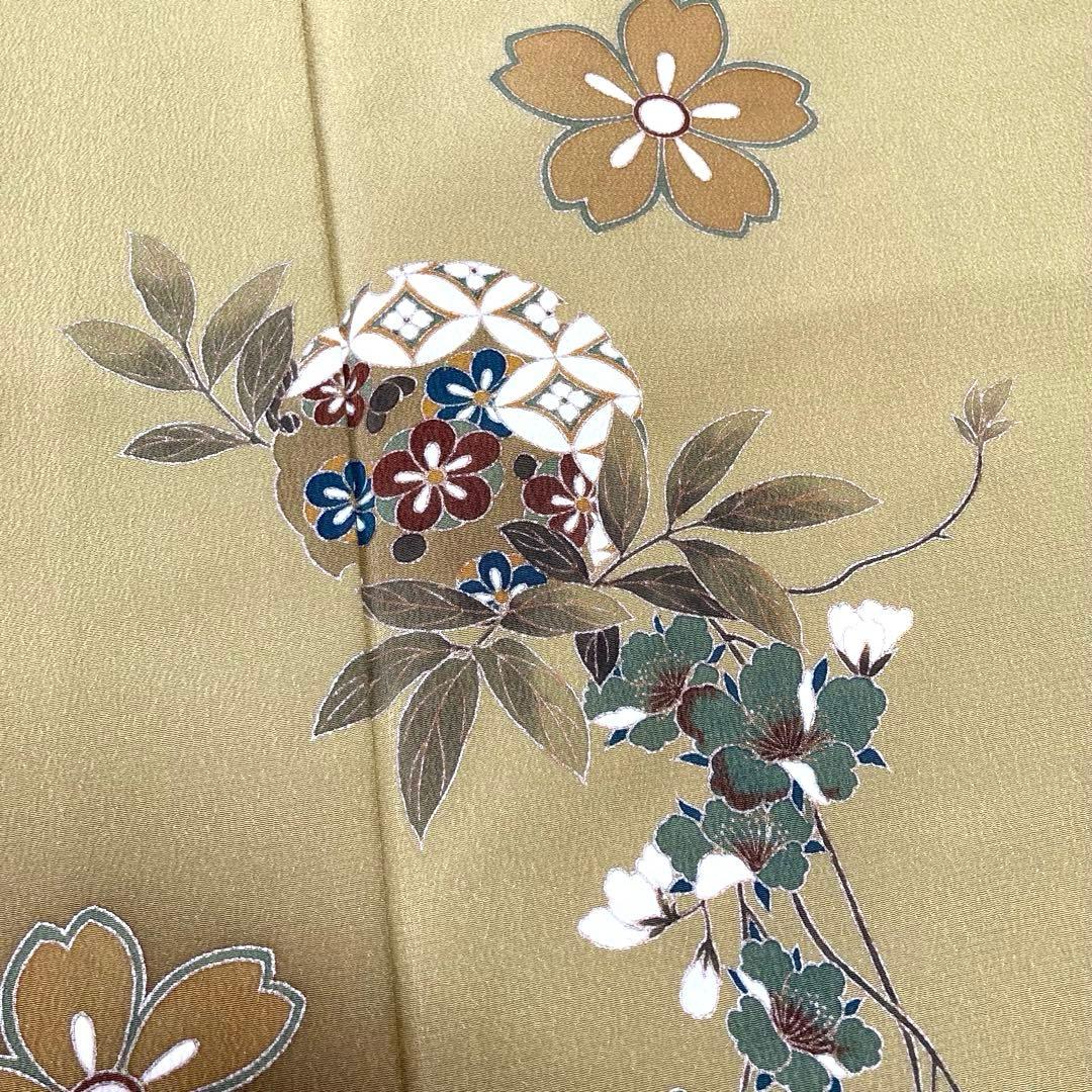 【美品✨】東レシルック　洗える着物　付け下げ　緑みのくすみの黄　桜　ぼかし染I1