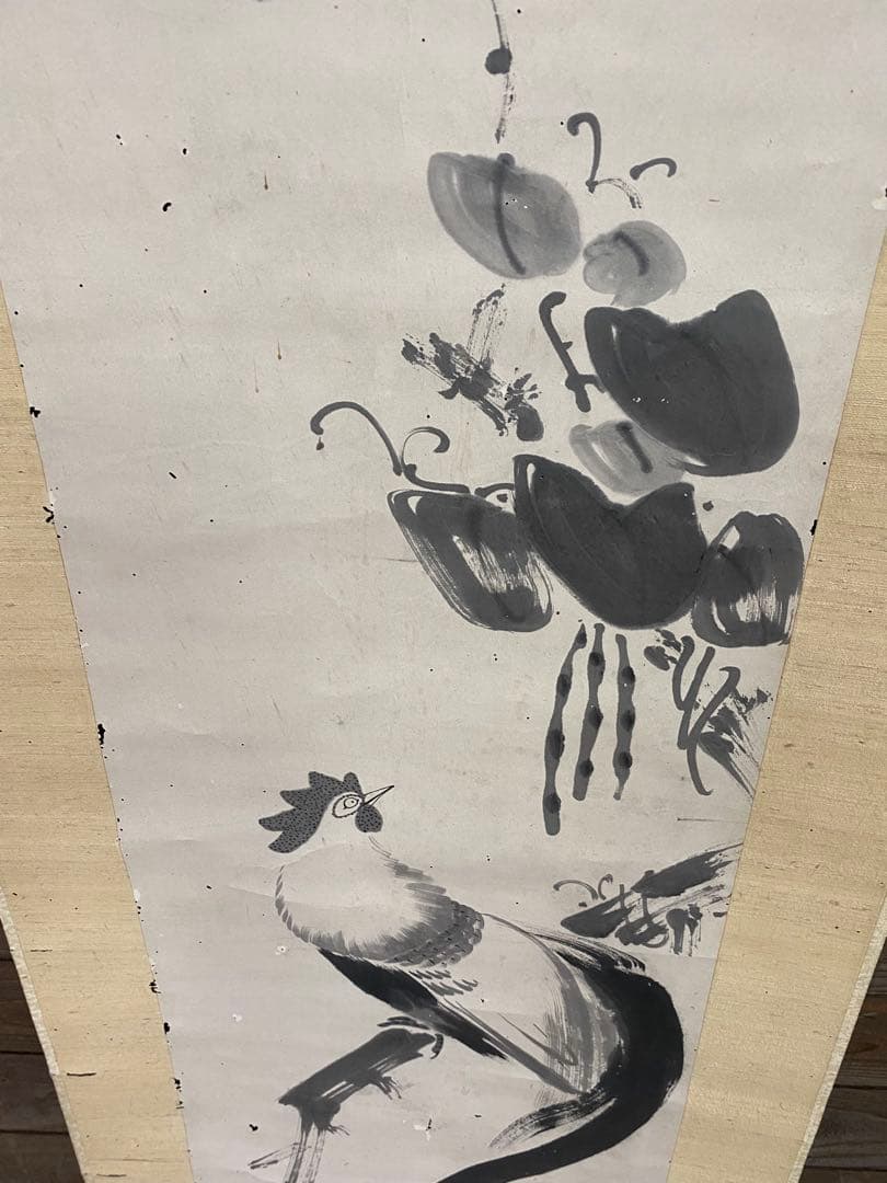 3-2274 掛軸　模写　伊藤若仲　鶏之図　双鶏