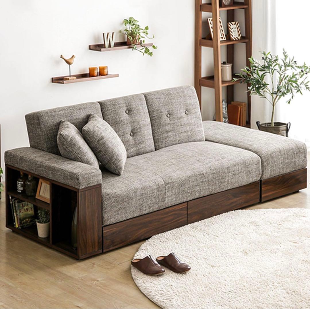 モダンデコ ソファベッド 2人掛け ファブリック グレー スツール付