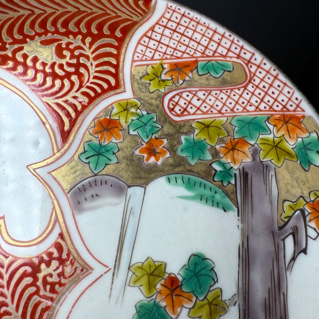 古伊万里　赤絵紅葉鹿文様五寸皿　5枚　金蘭手　丸文　裏鶴唐草文　直径15.4cm