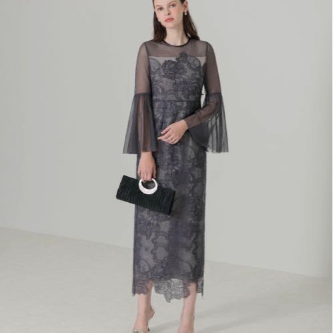 Leja シアー刺繍レースプリーツIラインロングワンピースドレス