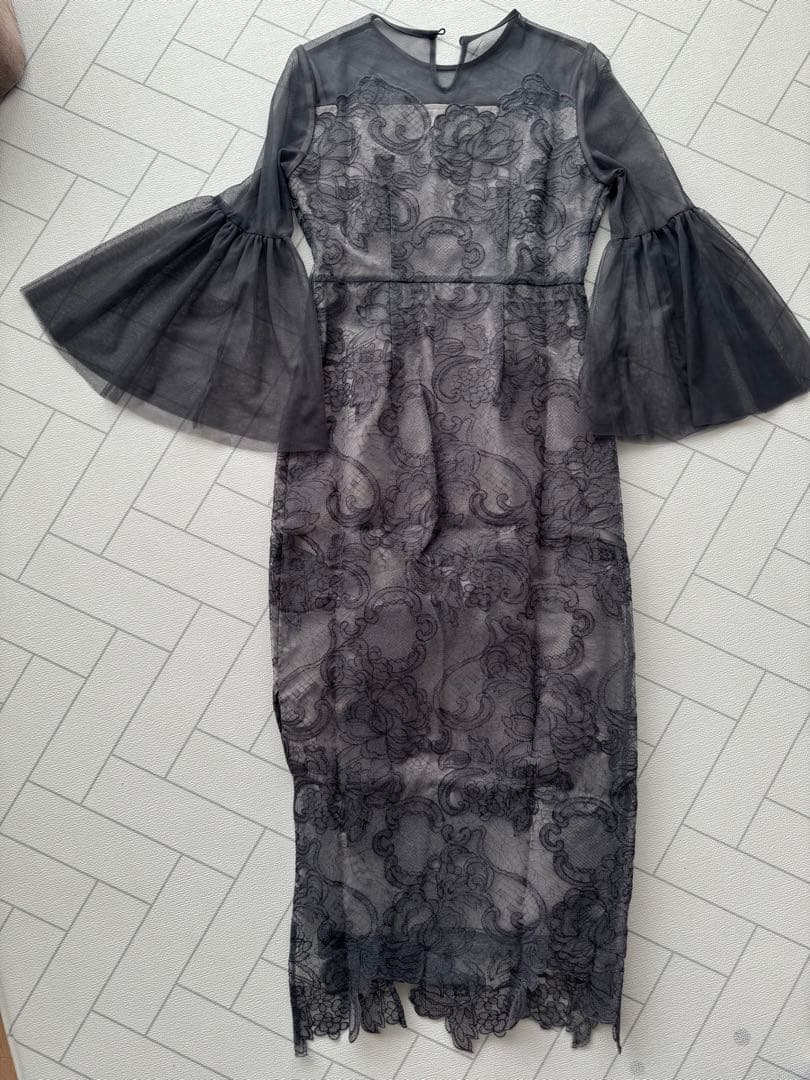 Leja シアー刺繍レースプリーツIラインロングワンピースドレス