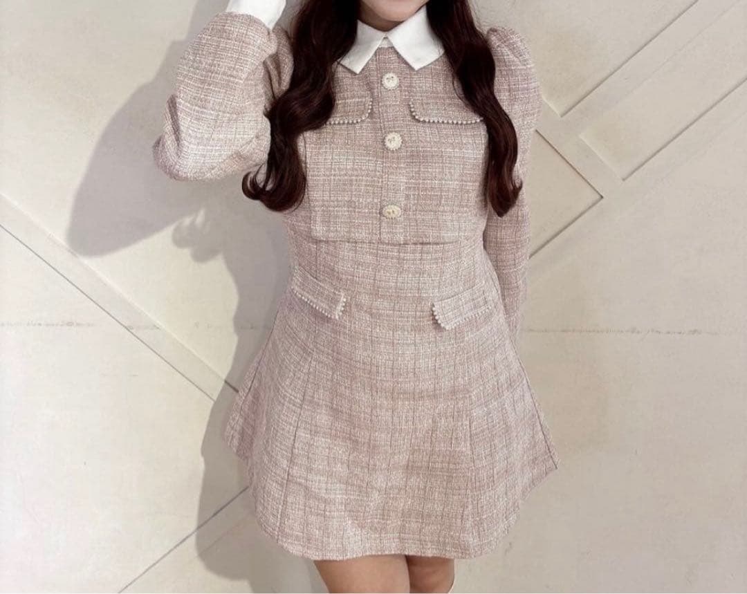 evelyn ツイードミニフレアワンピース ピンク