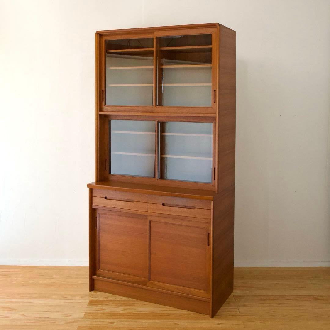 日田工芸 チーク材 食器棚 ガラスキャビネット 面取りガラス 引戸 80年代