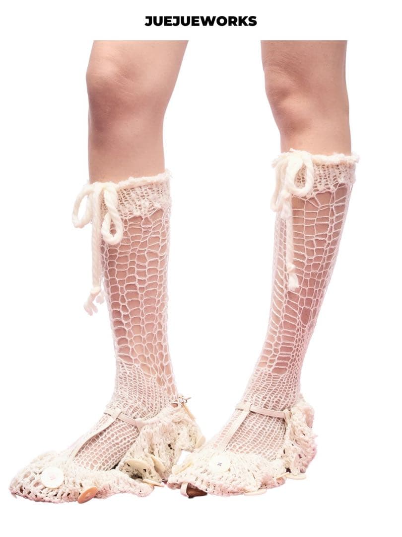 JUEJUEWORKS ネット編み靴下 クリーム色
