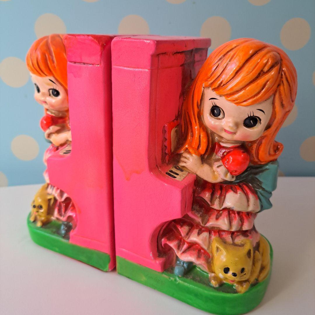 ビンテージ　ブックエンド　ピアノと女の子とネコ　ホリデーフェアー