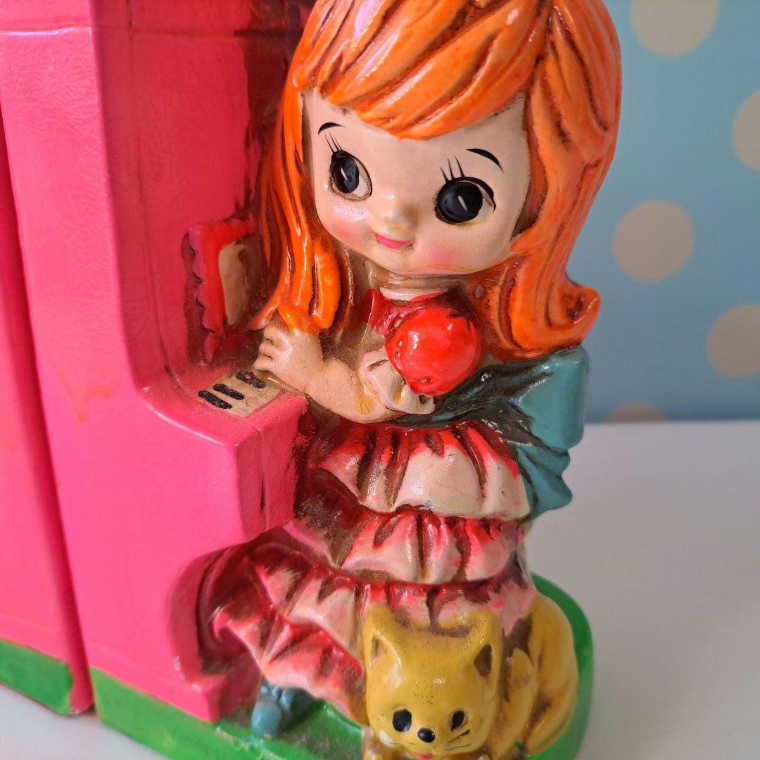 ビンテージ　ブックエンド　ピアノと女の子とネコ　ホリデーフェアー