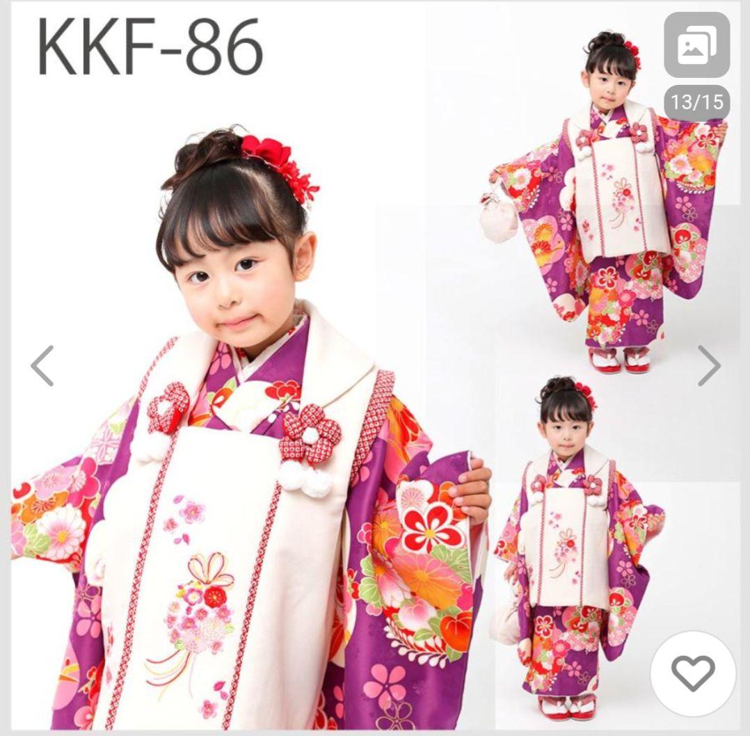 美品★3歳★白い被布＆紫花着物＆白草履小物