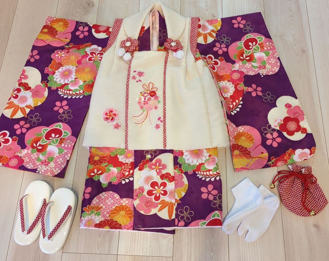 美品★3歳★白い被布＆紫花着物＆白草履小物