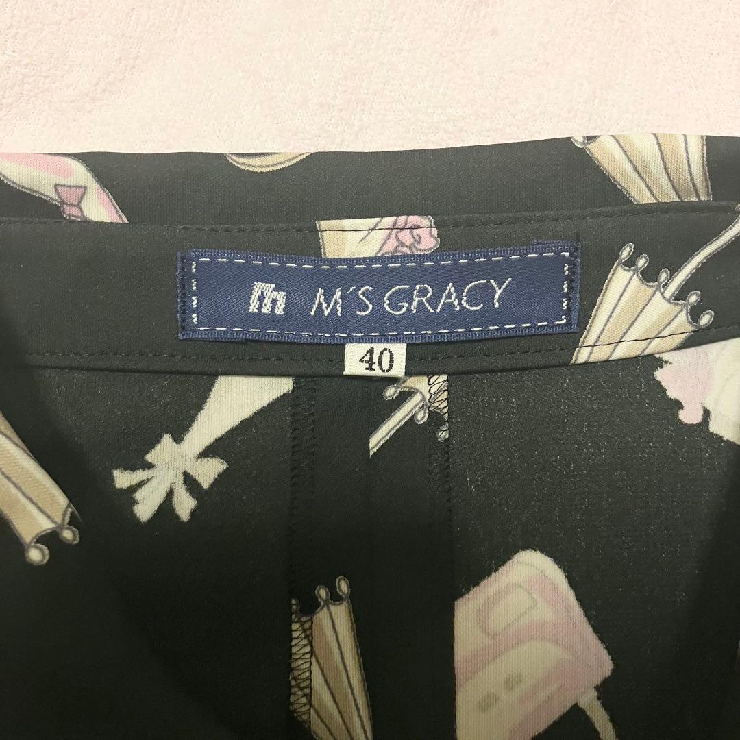 未使用 エムズグレイシー 40 総柄モチーフ シャツワンピース ブラック ベルト