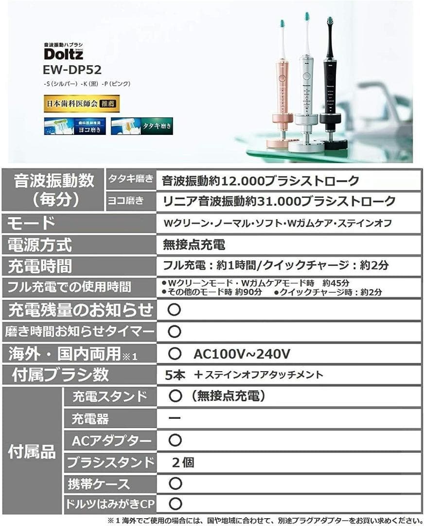 パナソニック 電動歯ブラシ ドルツ ピンク EW-DP52-P