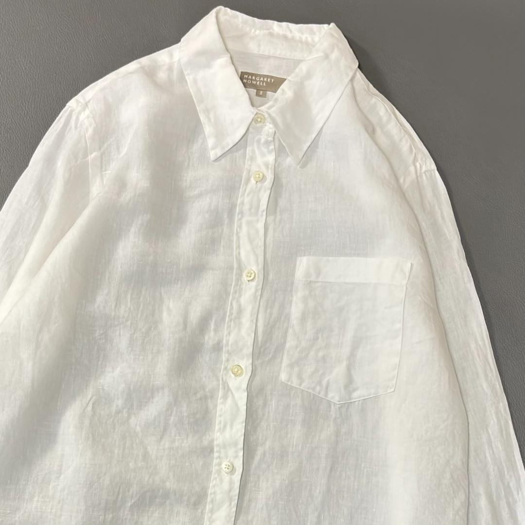 マーガレットハウエル リネン ロングシャツ 長袖ブラウス 麻 白 Ⅱ ts5