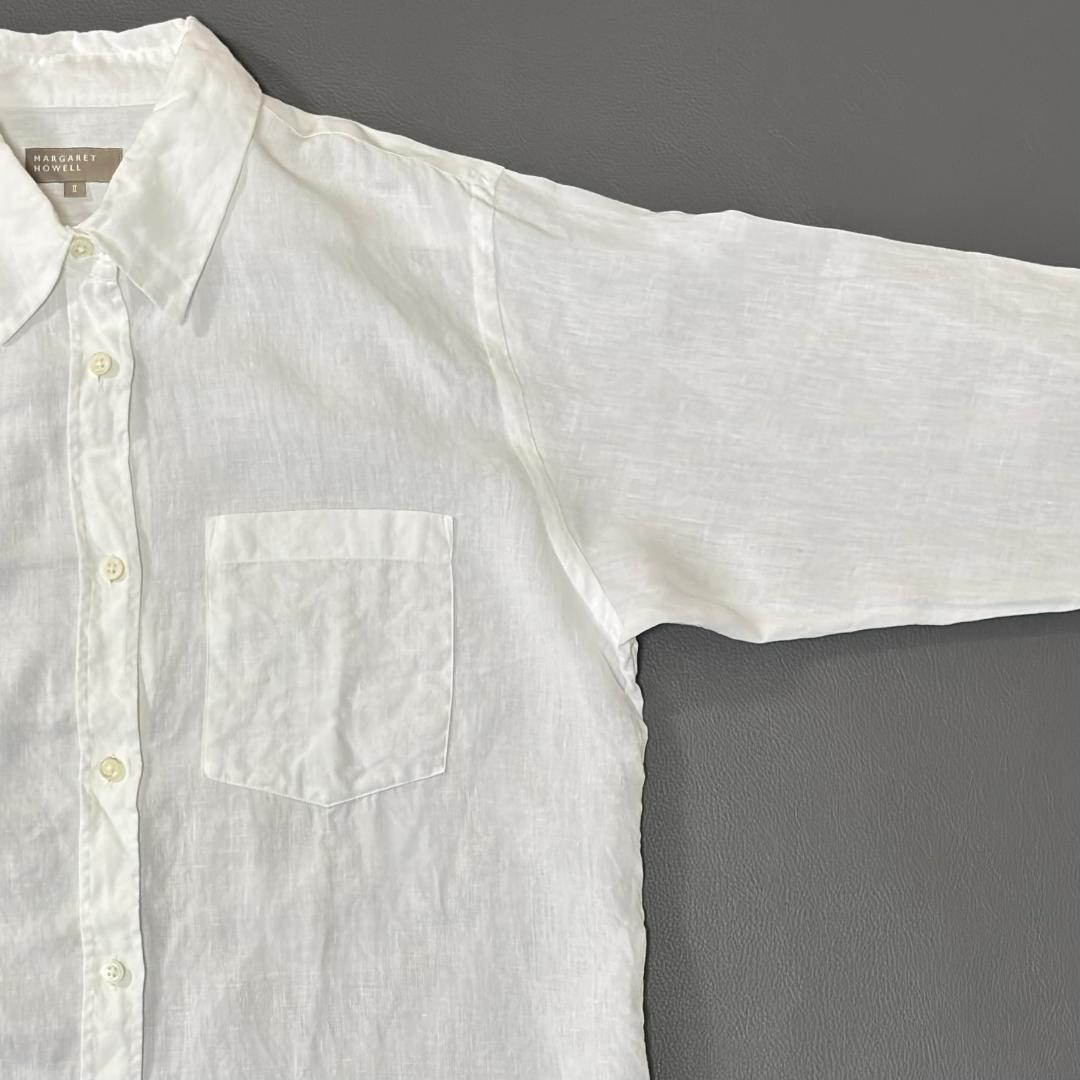 マーガレットハウエル リネン ロングシャツ 長袖ブラウス 麻 白 Ⅱ ts5