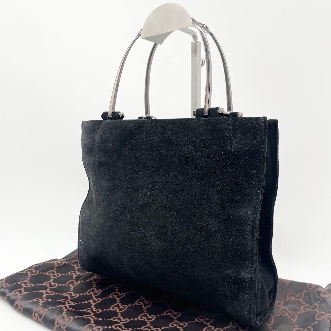 GUCCI スエード　メタルハンドル　ハンドバッグ　ブラック　レザー