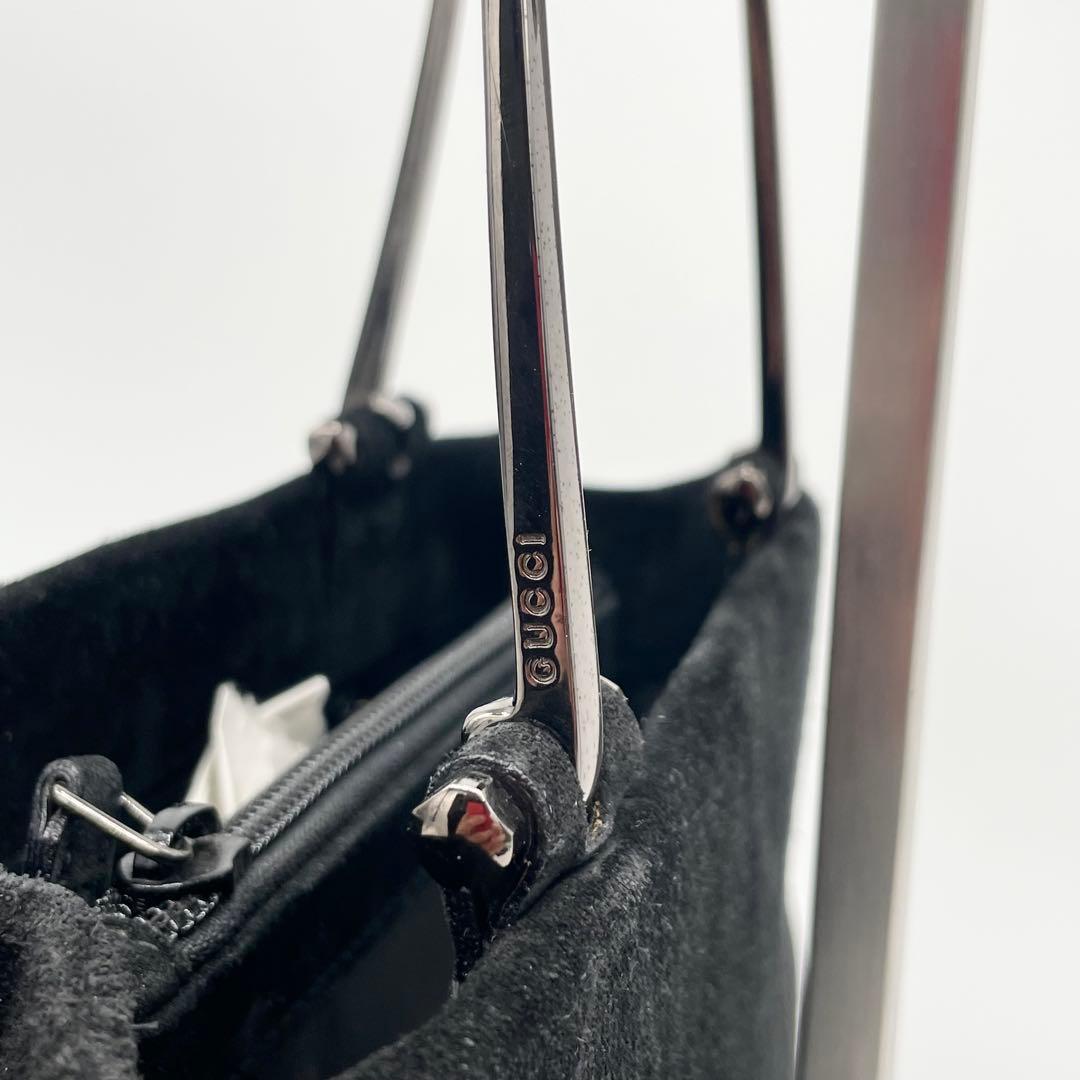 GUCCI スエード　メタルハンドル　ハンドバッグ　ブラック　レザー