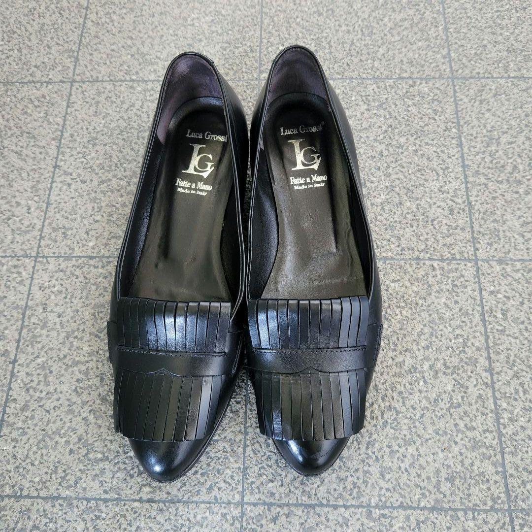 【即購入可】Luca Grossi黒フリンジローファーイタリー38 11-363