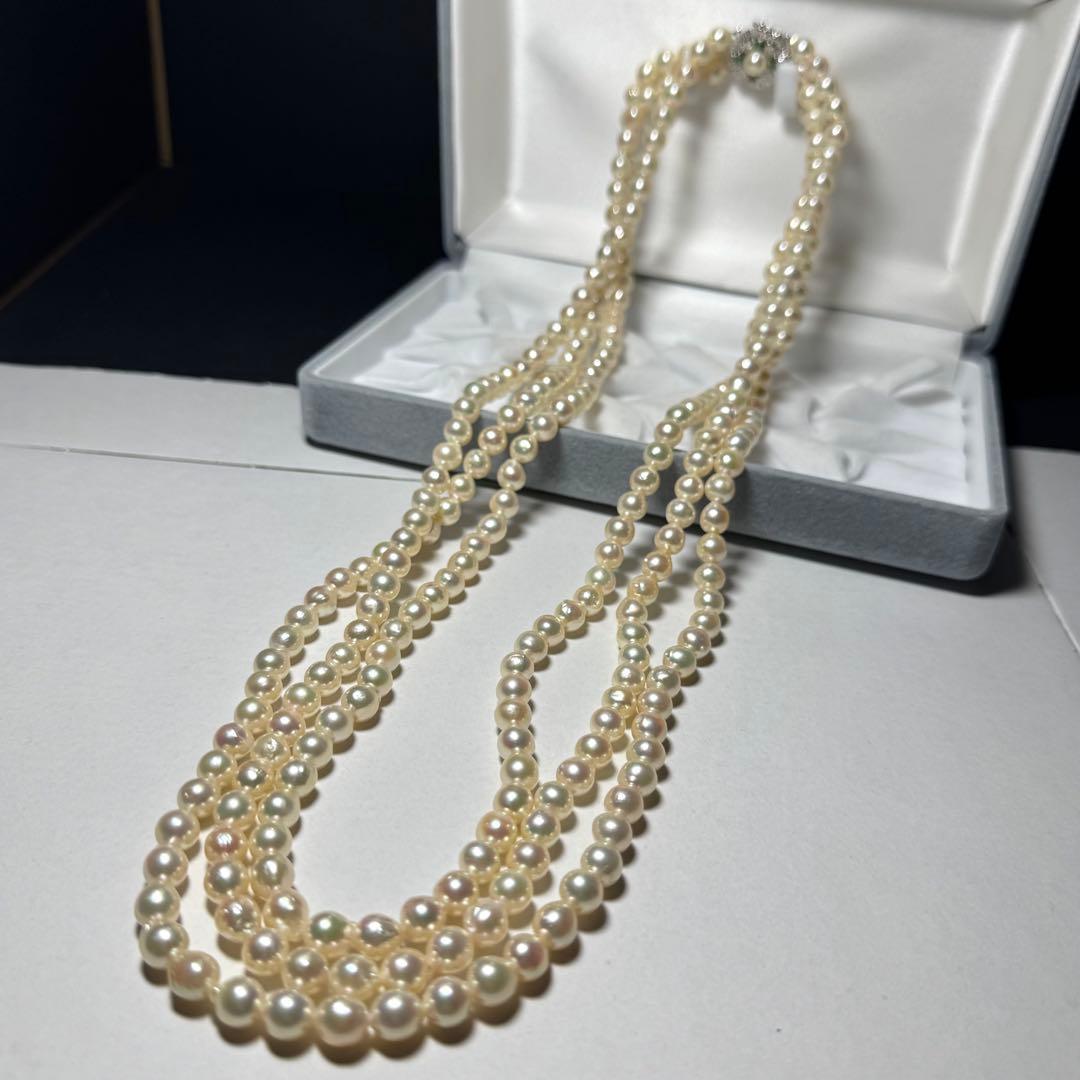 アコヤ真珠 3連 ロングネックレス パール 6.7mm 65cm 124.4g