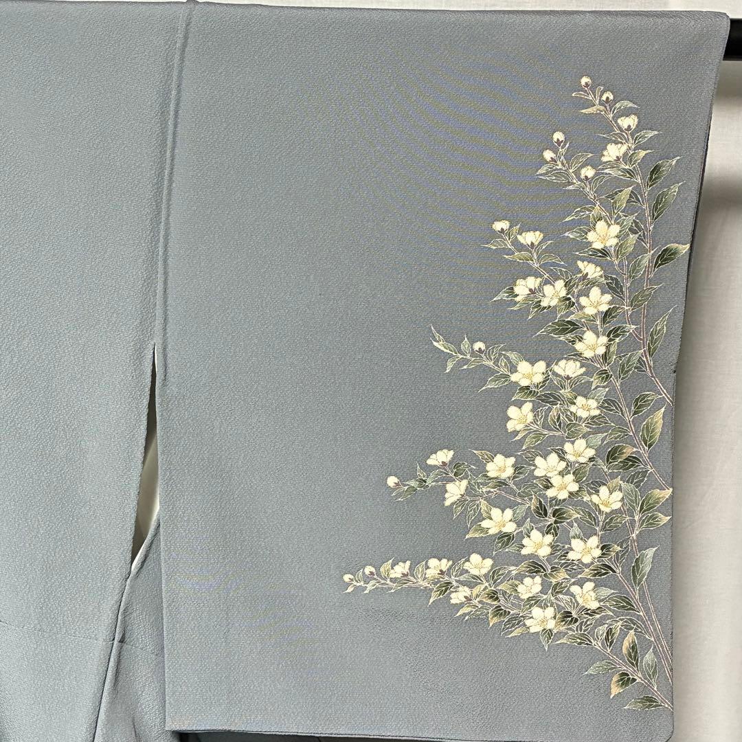 D81 訪問着 桜 手描き グレー ちりめん 縫い紋 正絹 着物 袷 極美品