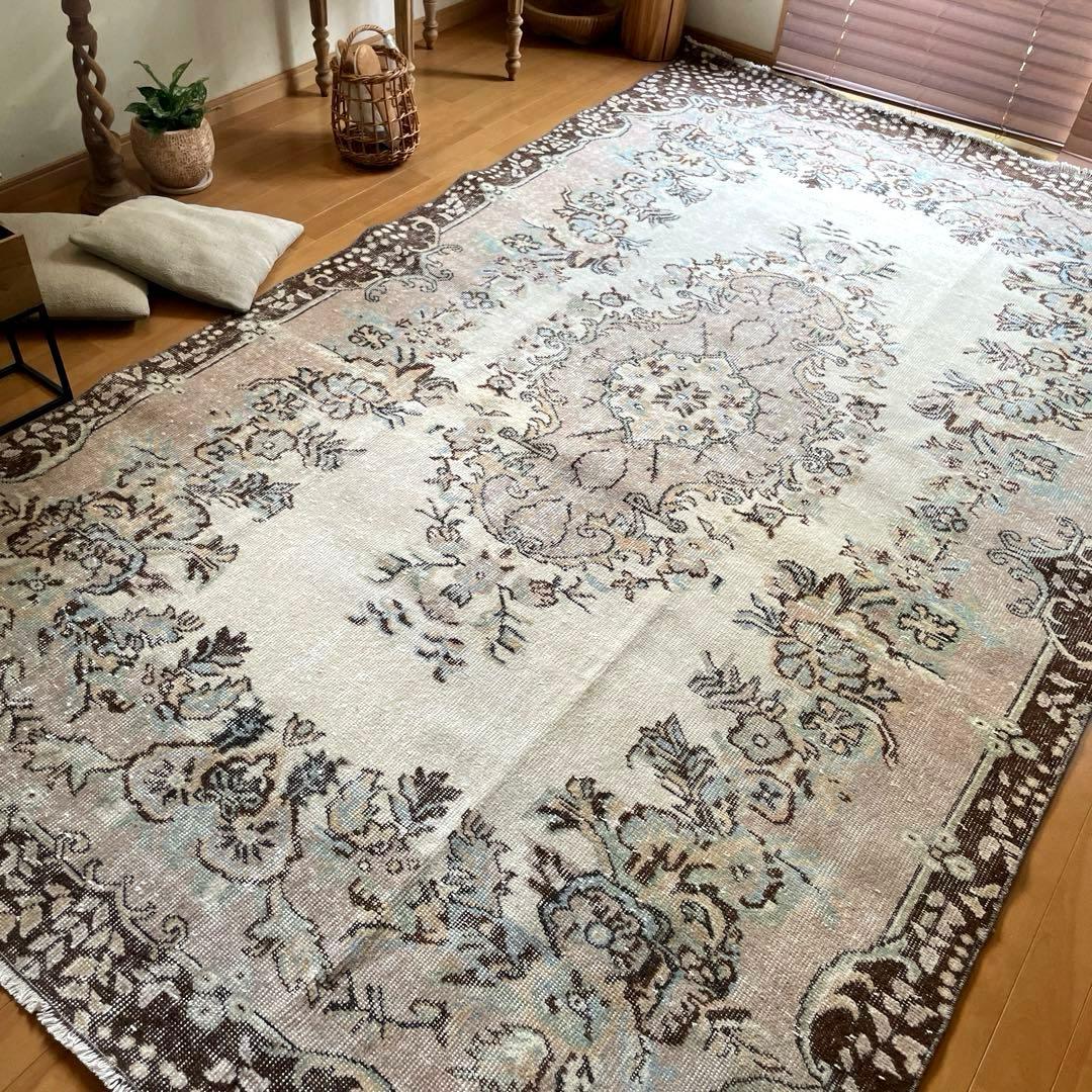 超大判170×292 フローラルメダリオン　グレージュ　トルコヴィンテージラグ