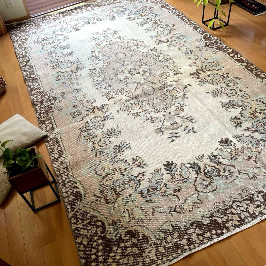 超大判170×292 フローラルメダリオン　グレージュ　トルコヴィンテージラグ