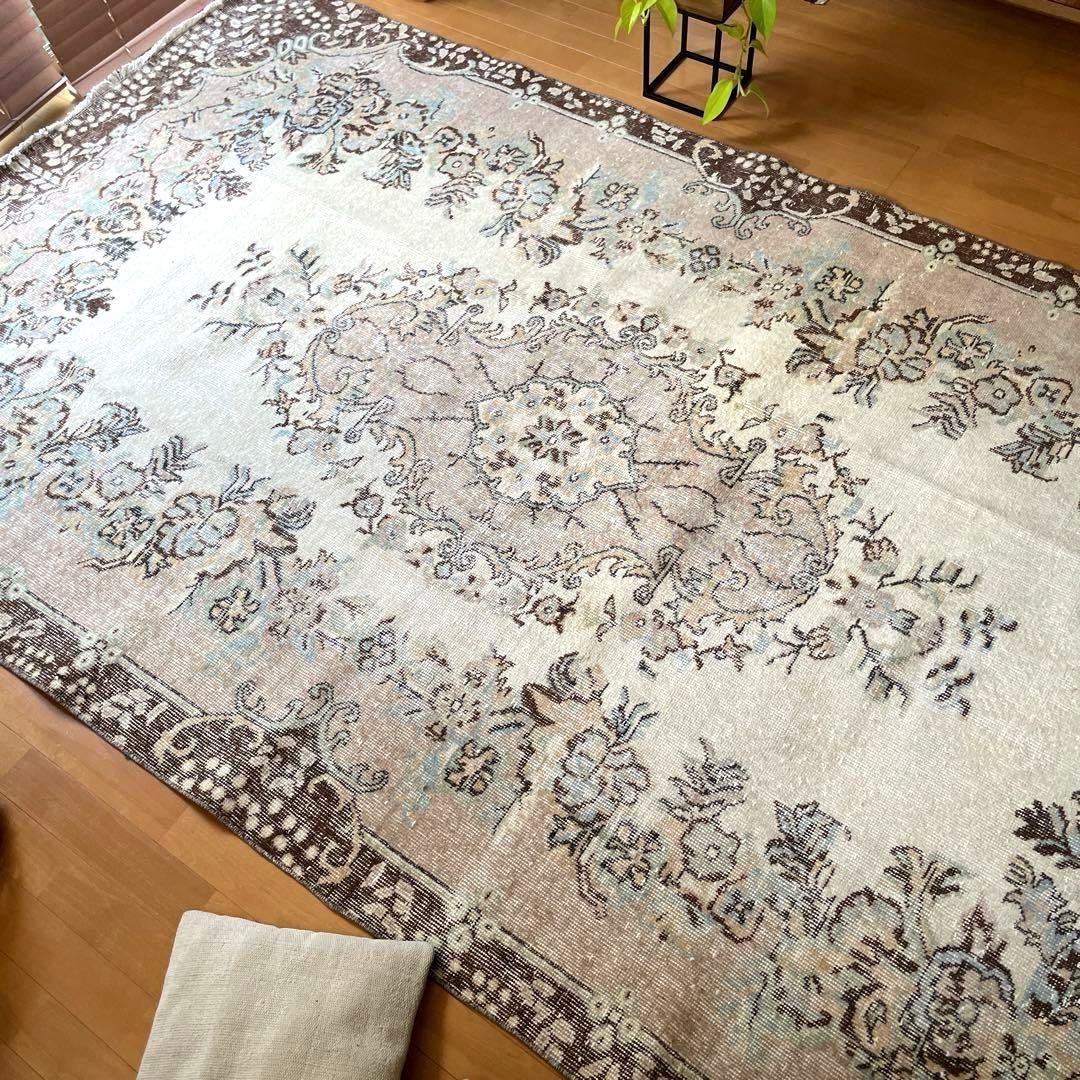 超大判170×292 フローラルメダリオン　グレージュ　トルコヴィンテージラグ