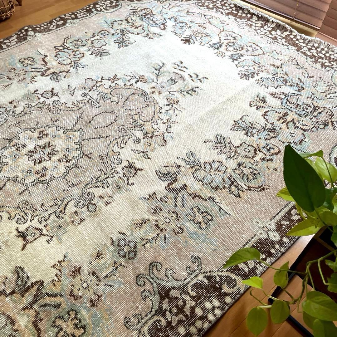超大判170×292 フローラルメダリオン　グレージュ　トルコヴィンテージラグ