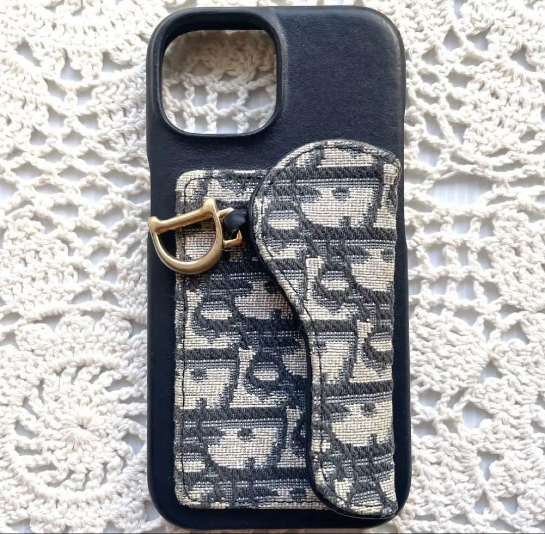 美品Dior iPhoneケース　アイフォン15オブリーク　サドル　ネイビー