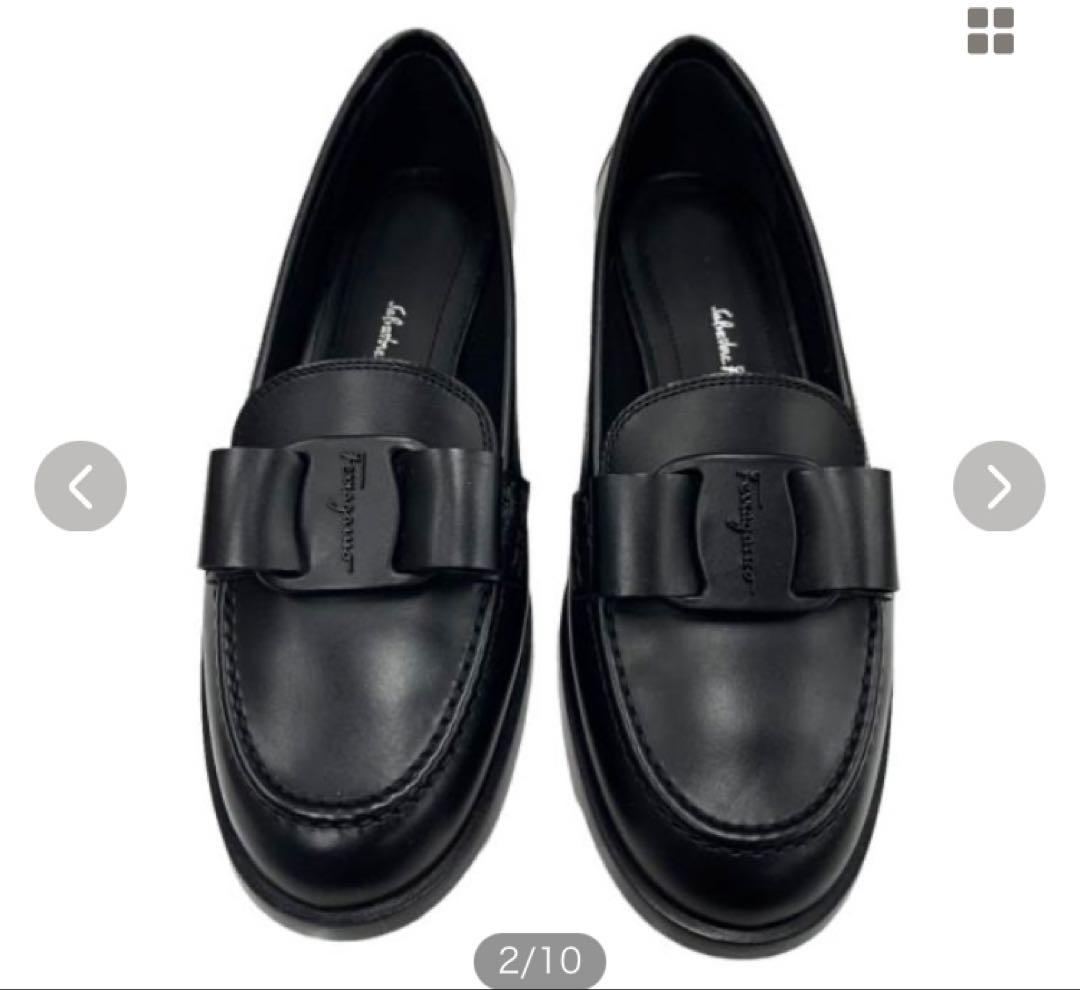 フェラガモ★ローファー 革靴 靴 シューズ レザー ブラック 黒フラットリボン