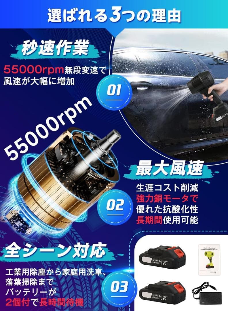 バッテリー2個 ブロワー 洗車 6500mAh 大容量 バッテリー搭載