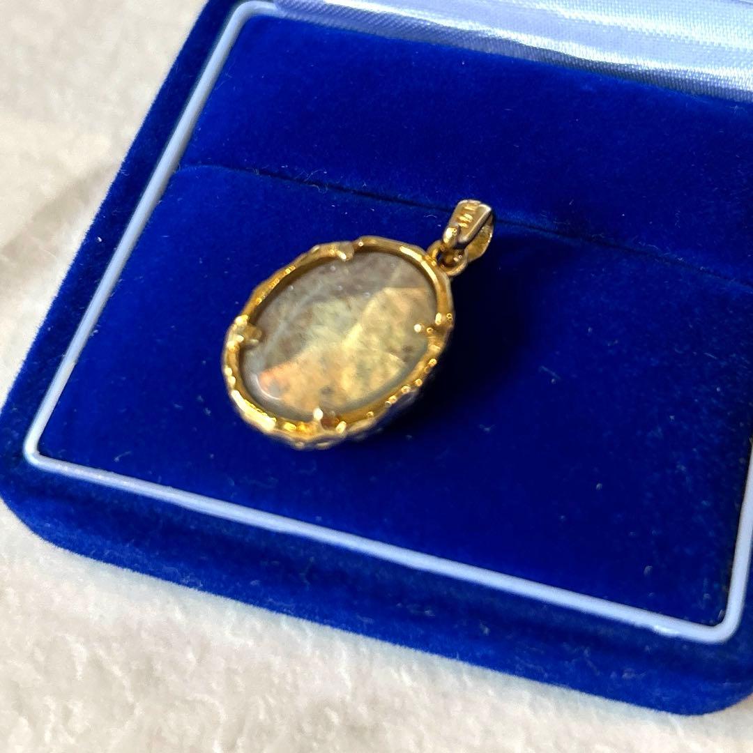 一点物 英国ヨーロッパ ミル打ち オーバルラブラドライト ネックレス トップ