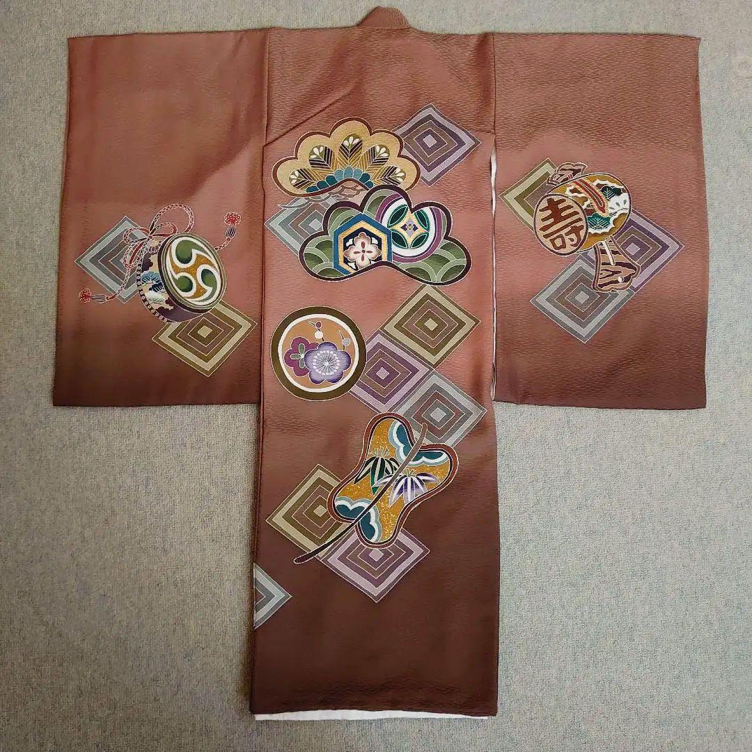 【美品】正絹 日本製 京都一秀 産着 長襦袢付 男児　光悦茶　袴付　高級