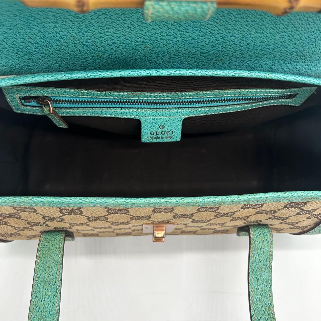 【美品】グッチ バンブー ショルダーバッグ GGキャンバス レザー ターコイズ
