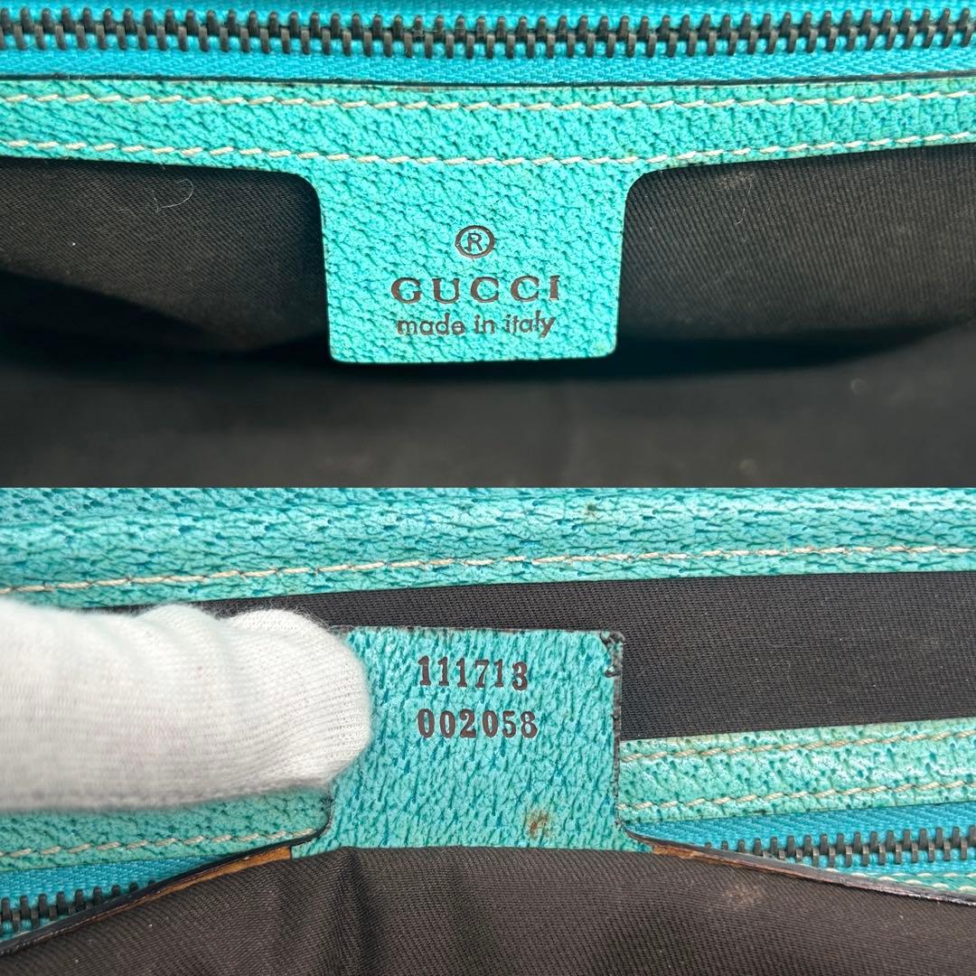【美品】グッチ バンブー ショルダーバッグ GGキャンバス レザー ターコイズ