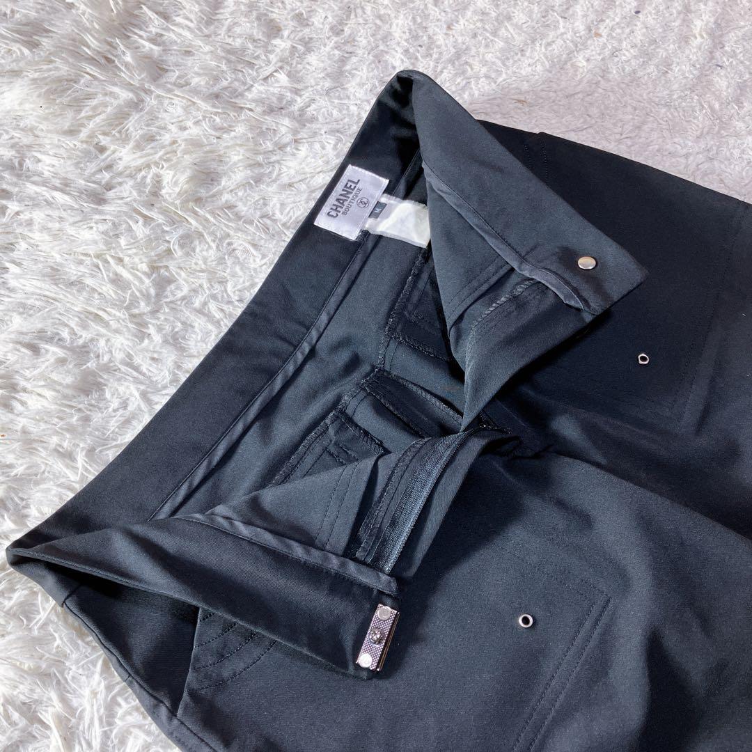 シャネル ストレッチ ロゴ金具 ココ刺繍 美シルエット パンツ ブラック 黒