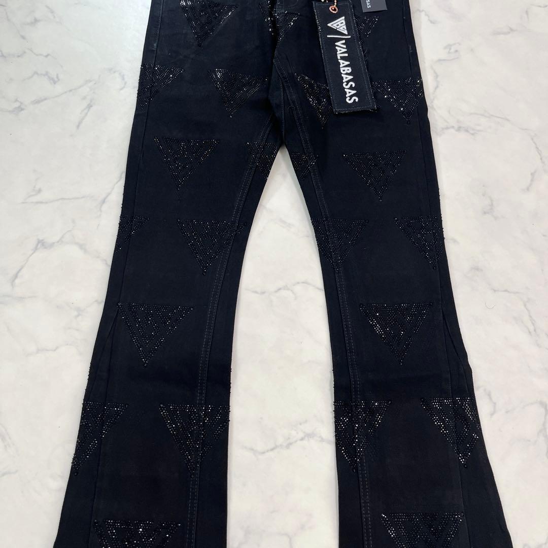 新品バラバサスvalabasas ラインストーンスキニーフレアデニム ビーズ S