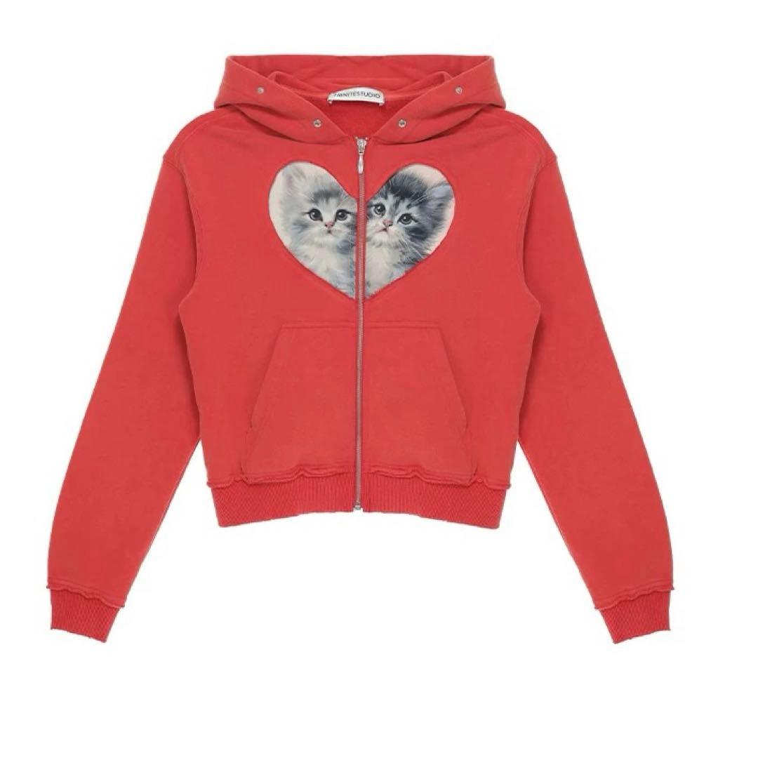 Trinite studio hoodieハート型猫プリントジップアップパーカー