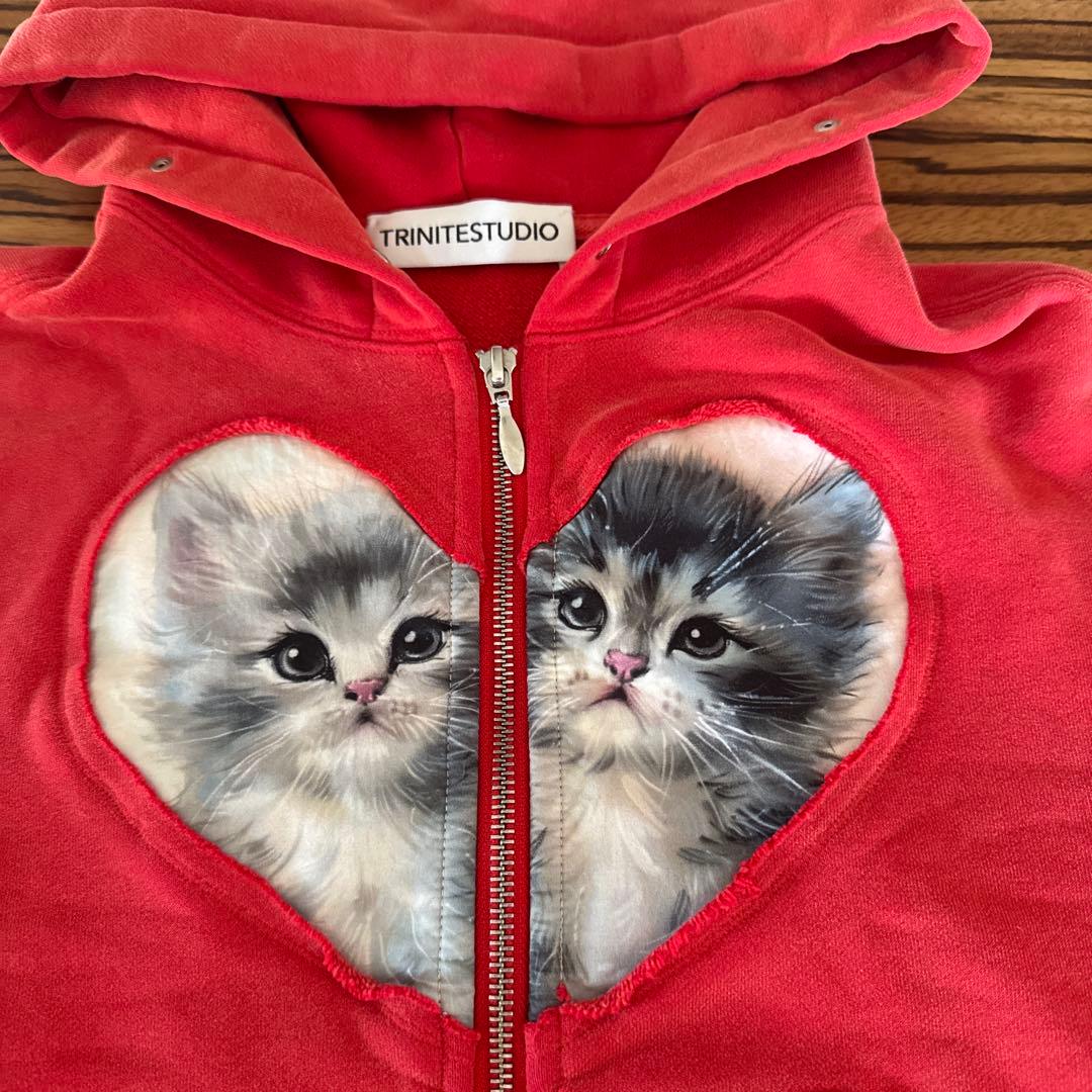 Trinite studio hoodieハート型猫プリントジップアップパーカー