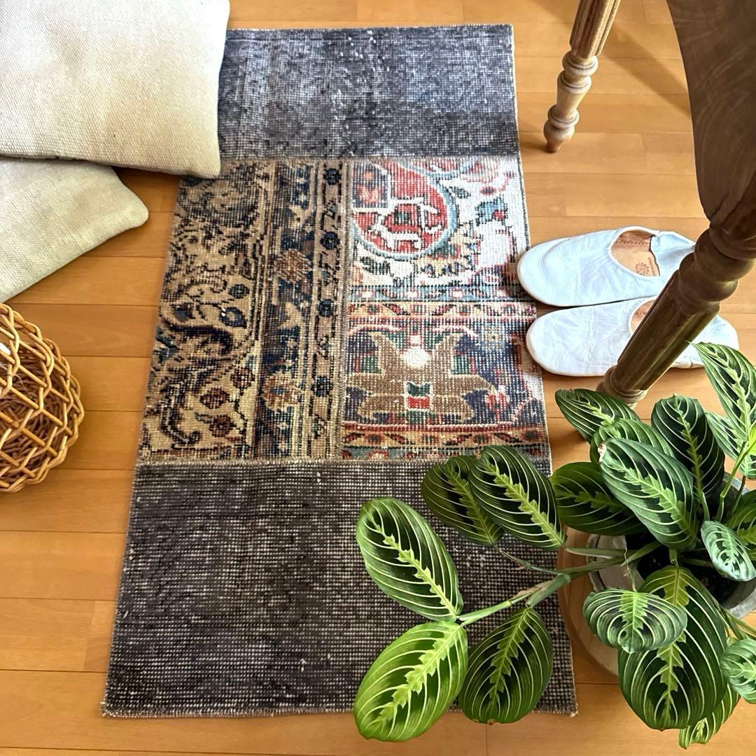 49×100 グレイ×ボタニカル　大人パッチワーク　トルコヴィンテージラグ