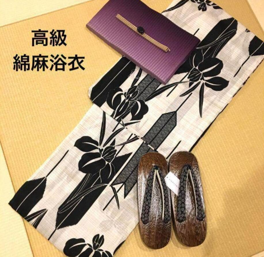 画像のはちす帯つき◆最高級【綿麻浴衣】黒アヤメ菖蒲の品ある涼しゆかた◆