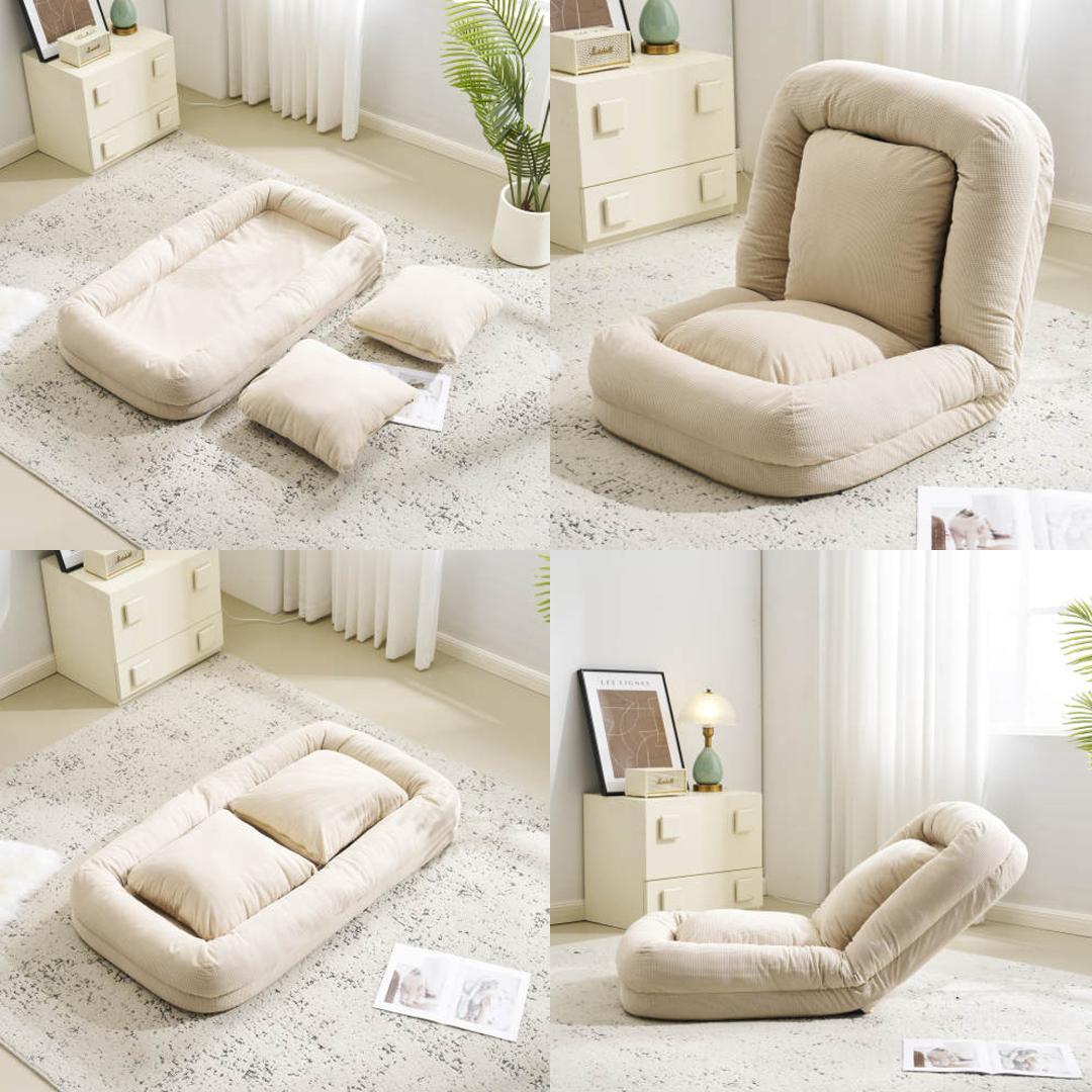3WAYソファーベッド 枕付き可愛い座椅子 6段階リクライニング折りたたみ式