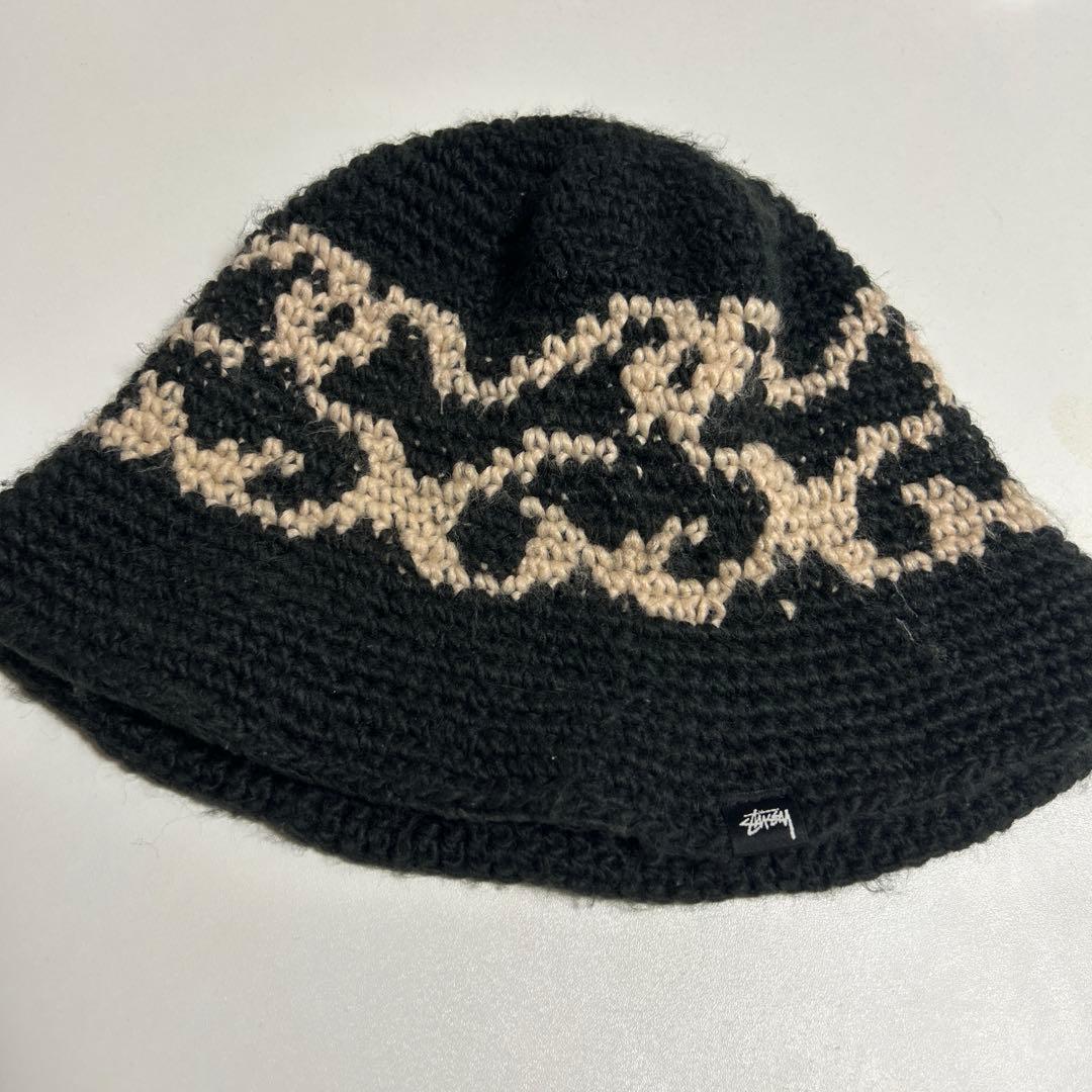 Stussy ニットバケットハット 黒/ベージュ