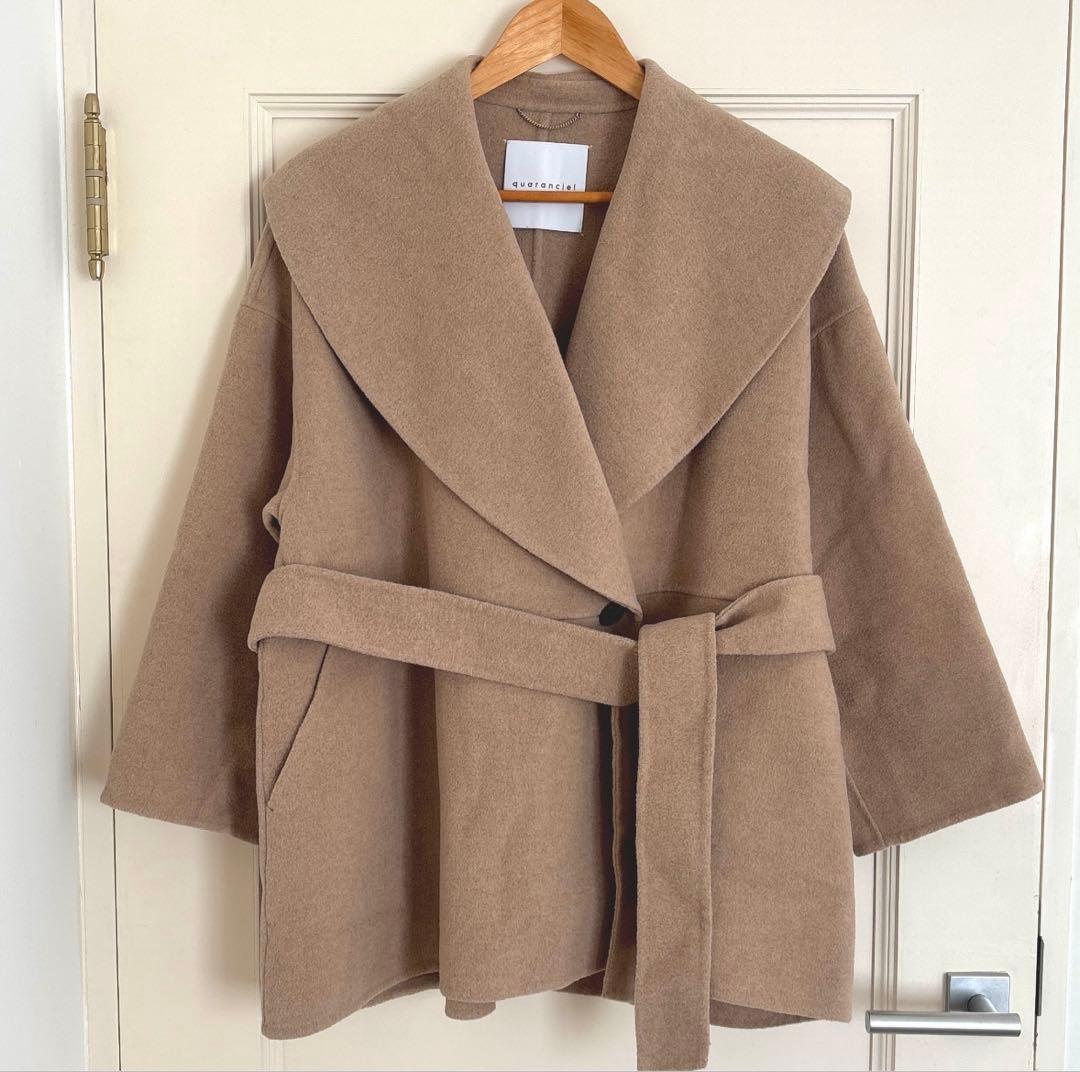 quaranciel リバーケープショートコート ウール混ベルト付ベージュ
