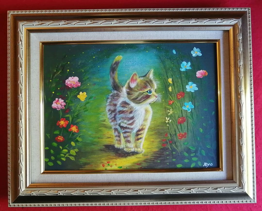 週末限定　絵画　アクリル絵　額縁　猫 キャンバス