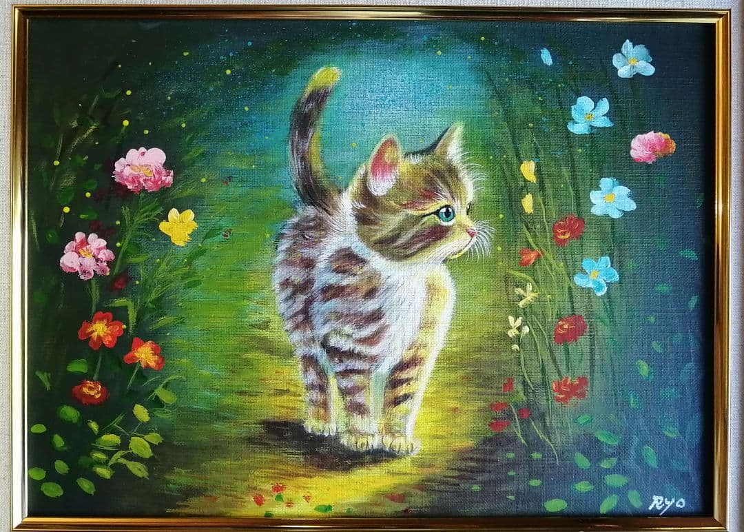 週末限定　絵画　アクリル絵　額縁　猫 キャンバス