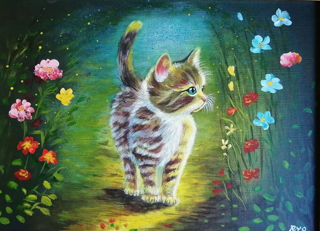 週末限定　絵画　アクリル絵　額縁　猫 キャンバス