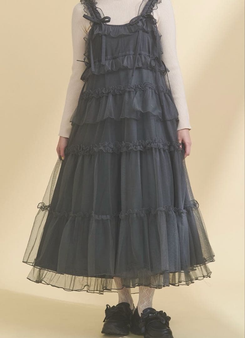 merryjenny チュールドロストロングワンピース　チャコールグレー