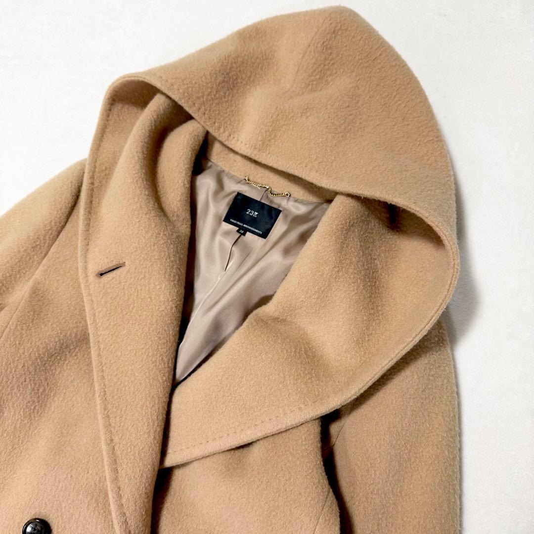 23区 アンゴラ ウール ロングコート ビーバーコート フード 38 キャメル