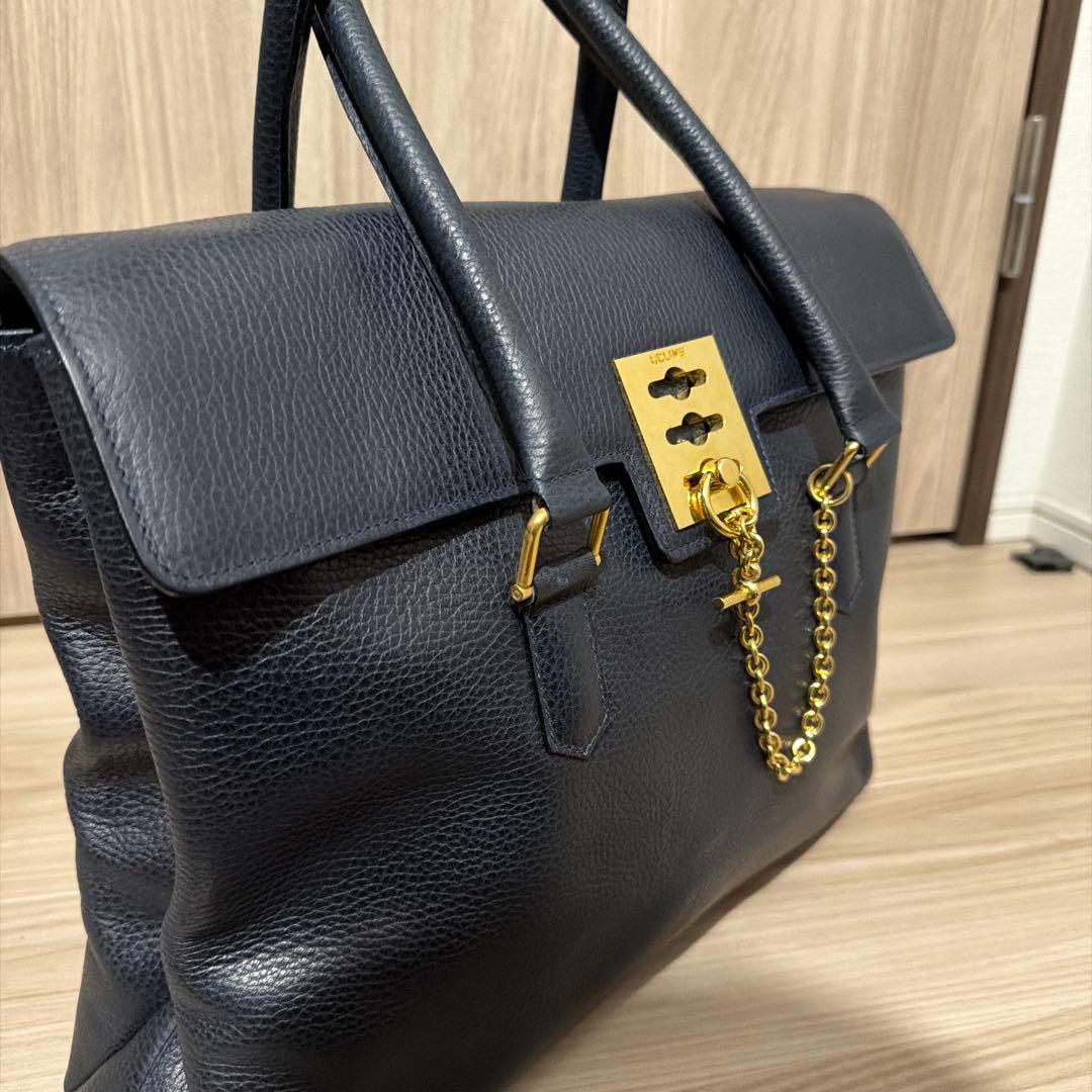 CELINE マンテル ハンドバッグ レザー ネイビー　ヴィンテージ　セリーヌ