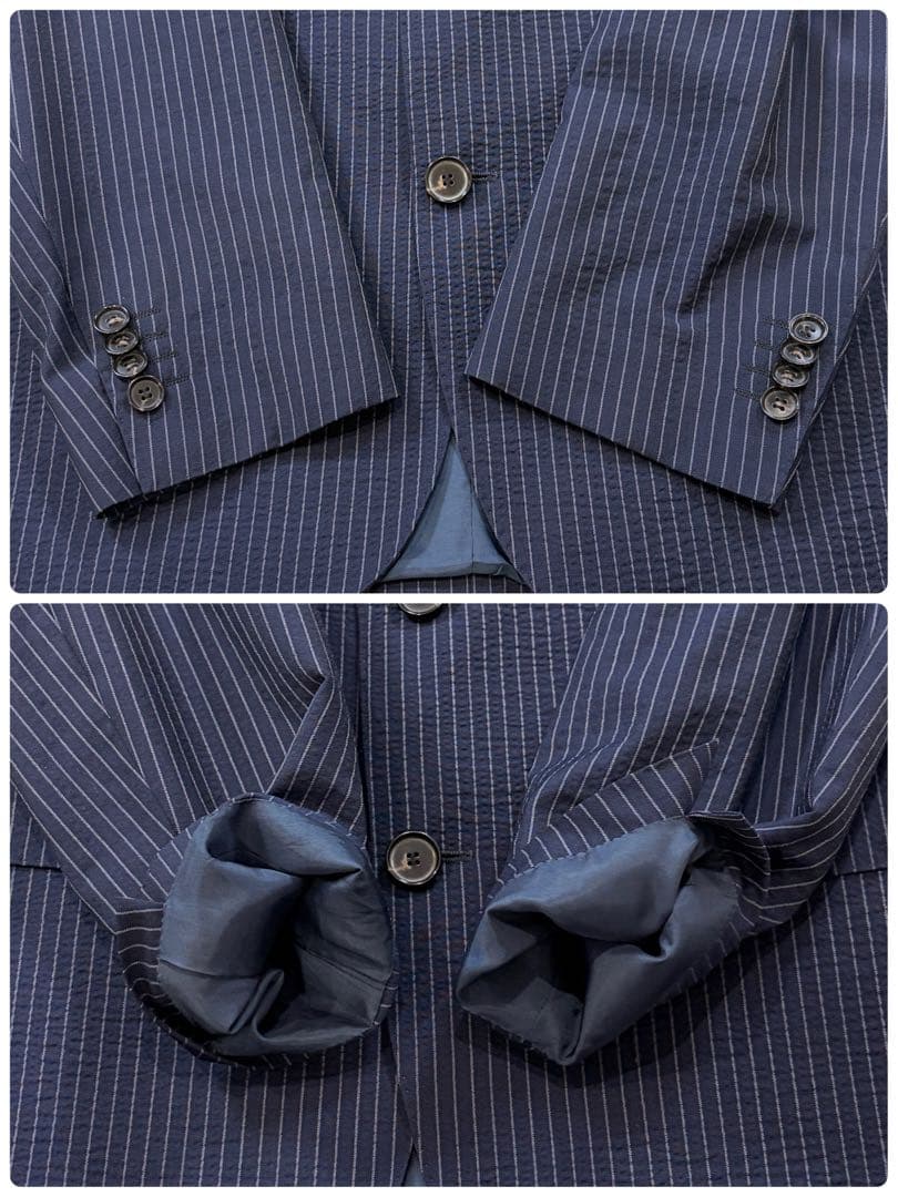 【極美品】ヒューゴボス シアサッカー ビジネススーツ ストライプ 紺 48 L