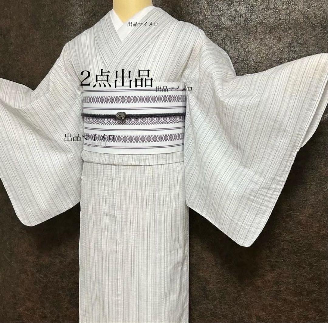 古典しじら織　浴衣　綿　粋な夏着物　縞柄　献上帯 半幅帯白　2点　0715①